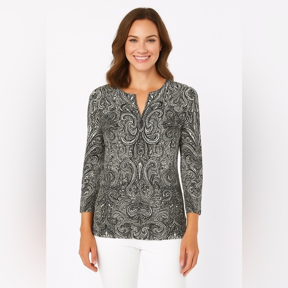 Coolibar UPF 50+ St Lucia tunic top paisley 3/4 sleeves black white XS - Picture 1 of 10
